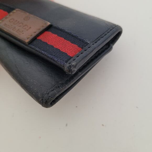 Gucci Logo Key Holder Wallet Case Leather Small Unisex Black Trifold Striped - Picture 9 of 12